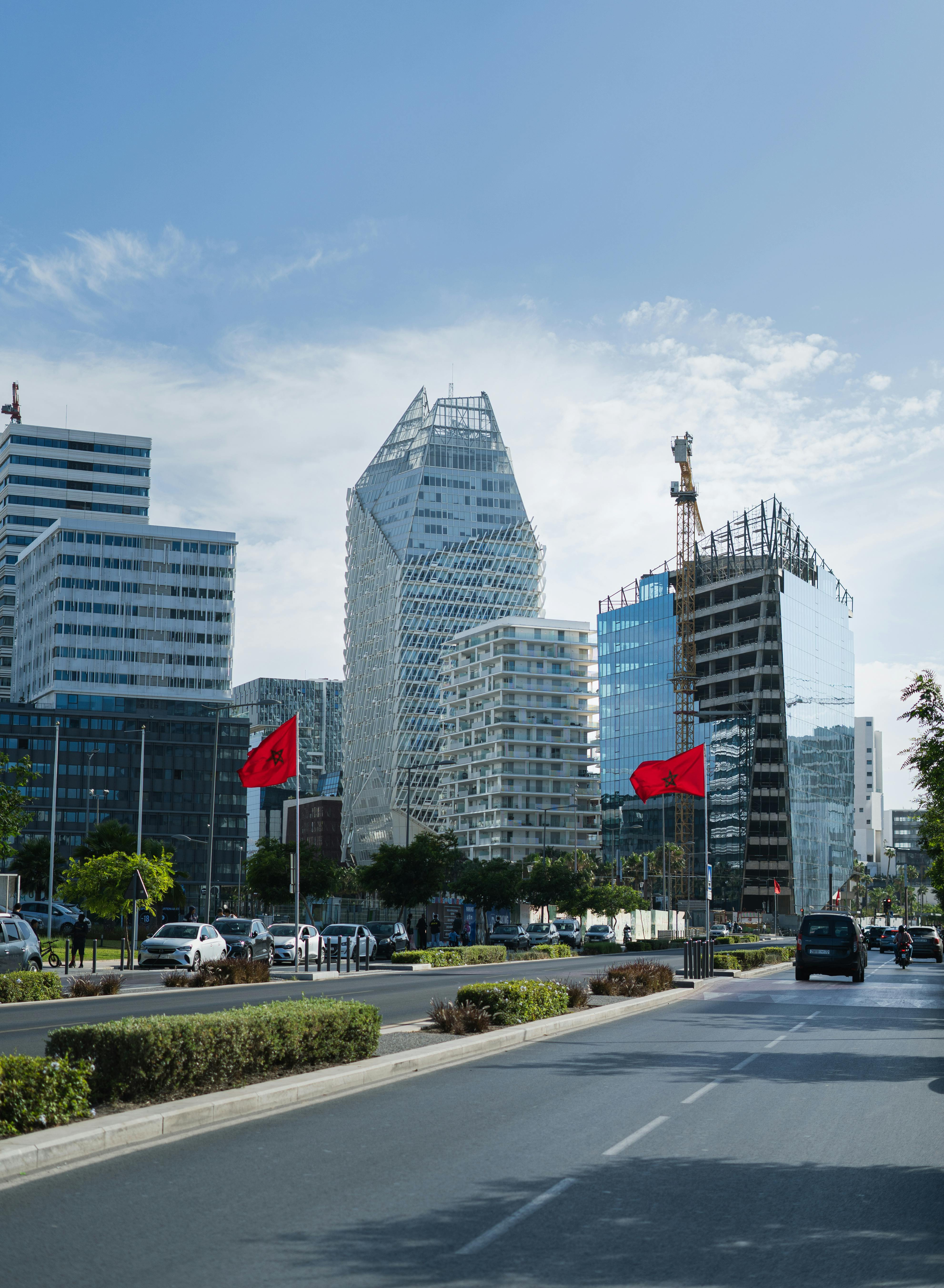 Casablanca business district with Moroccan flags