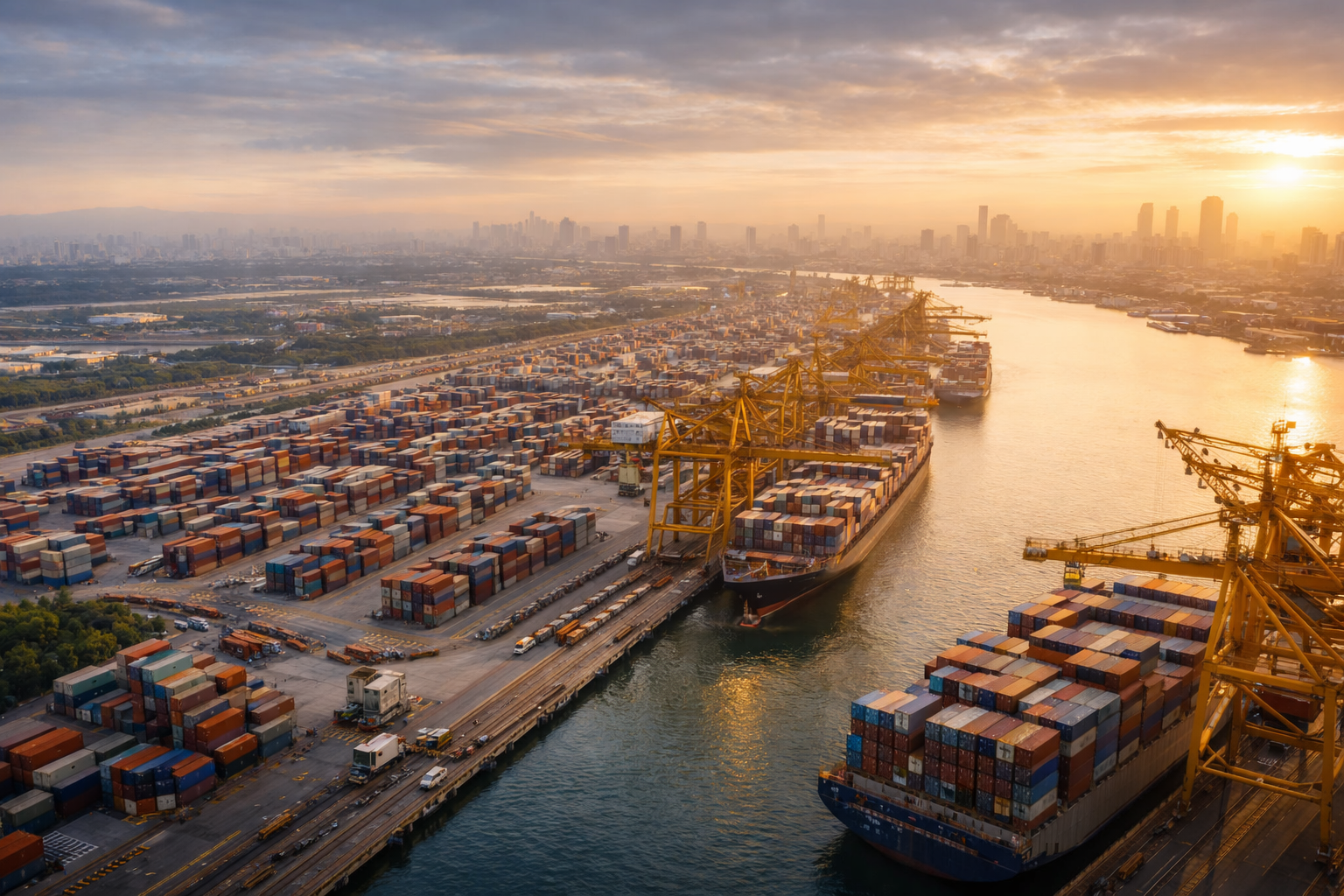Aerial view of a maritime logistics terminal