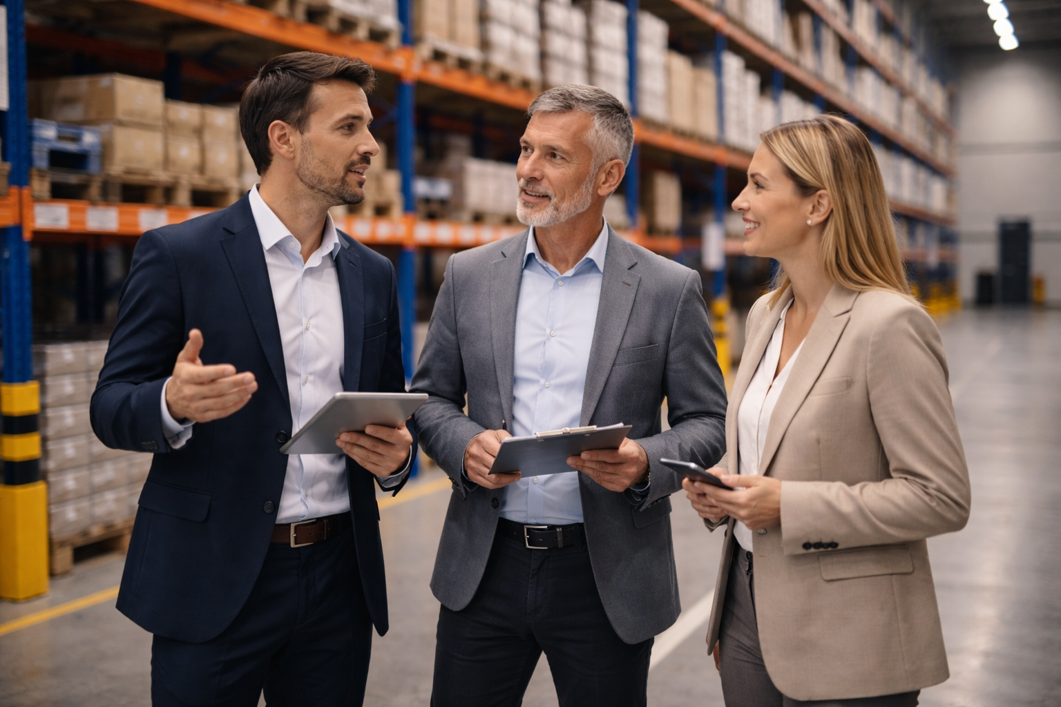 Team discussion in a warehouse